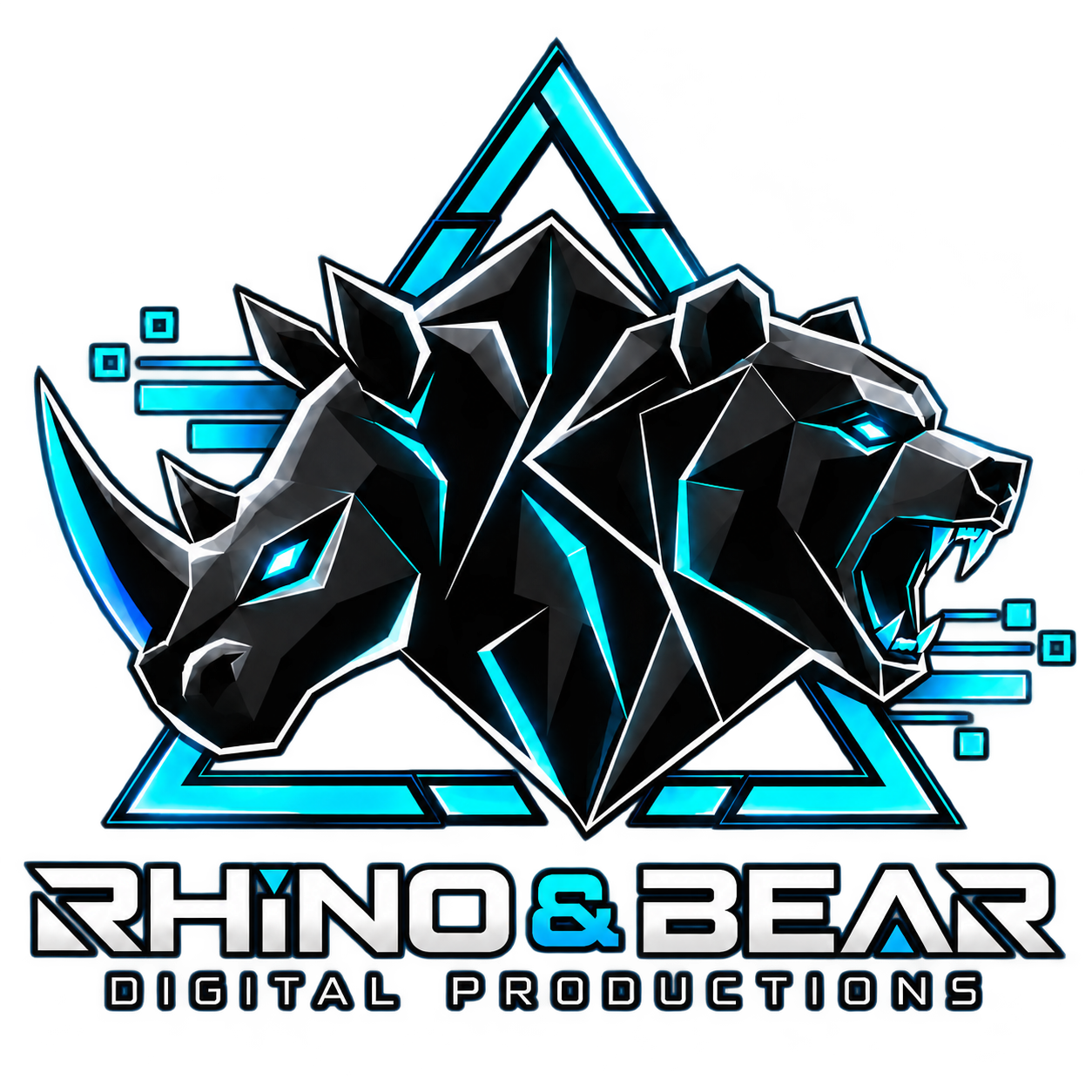 Rhino and Bear Digital Productions logo: angular rhino and bear heads with electric cyan accents